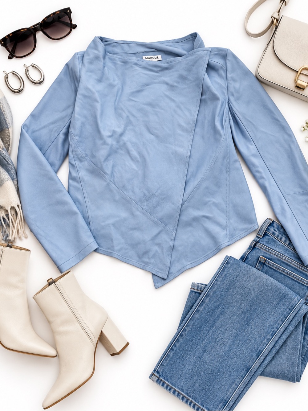 Lamarque Collection Light Blue Genuine Leather Draped Wrap Shirt Top Womens Sz L